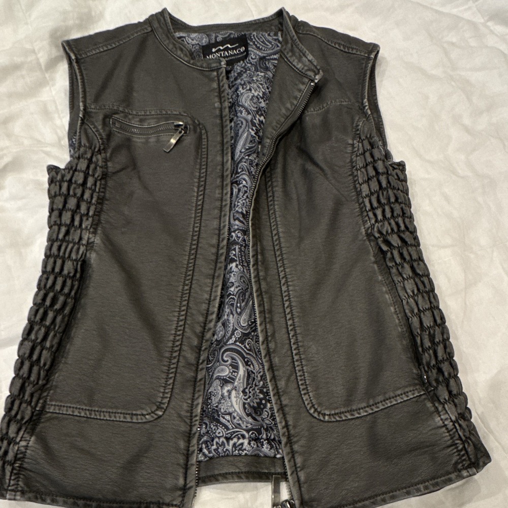 Montanaco Women's gray Zip Front Vest Pockets Band Collar Sz S